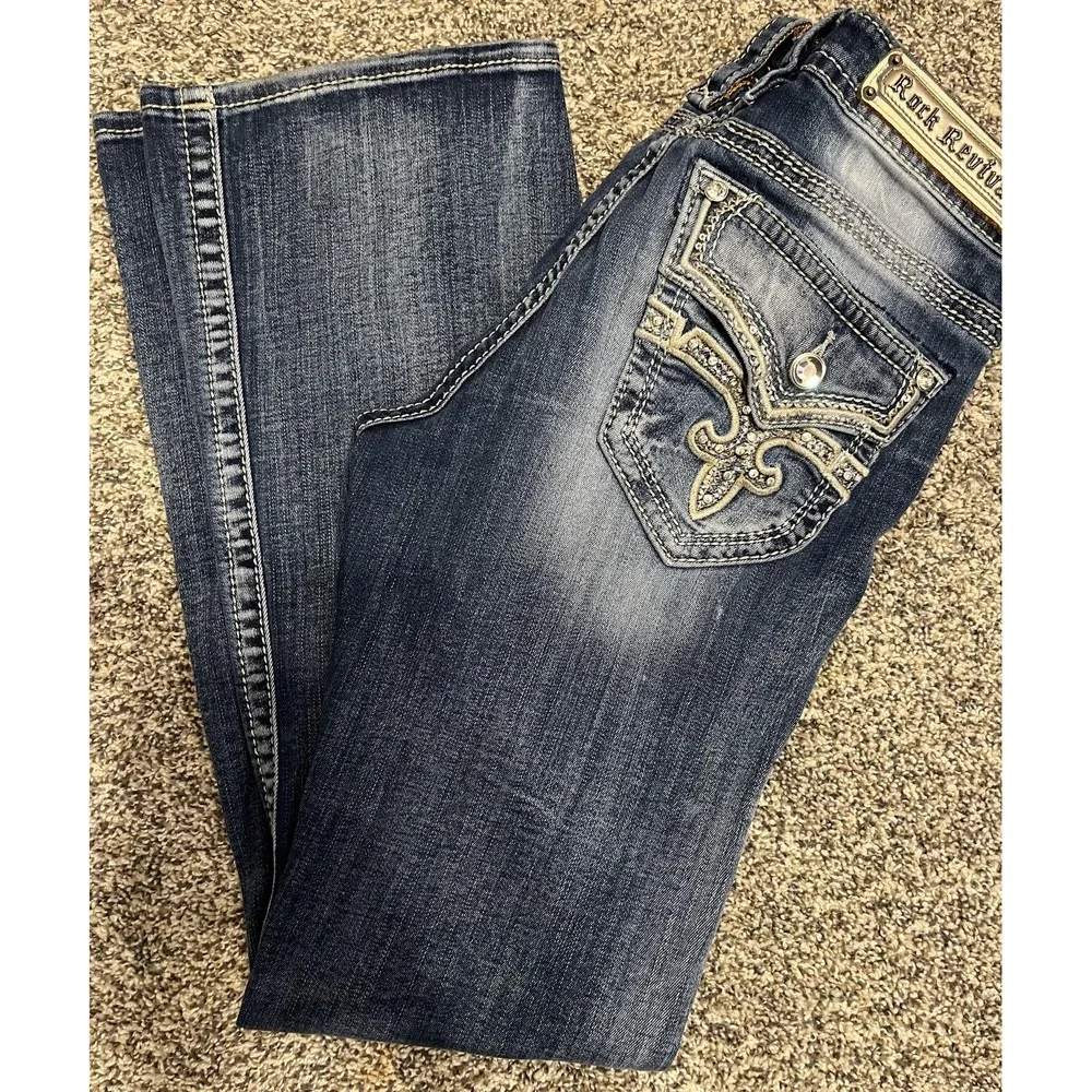 Rock Revival Effie Boot Jeans Womens 28 Blue Wash Distressed Rhinestone Bootcut‎